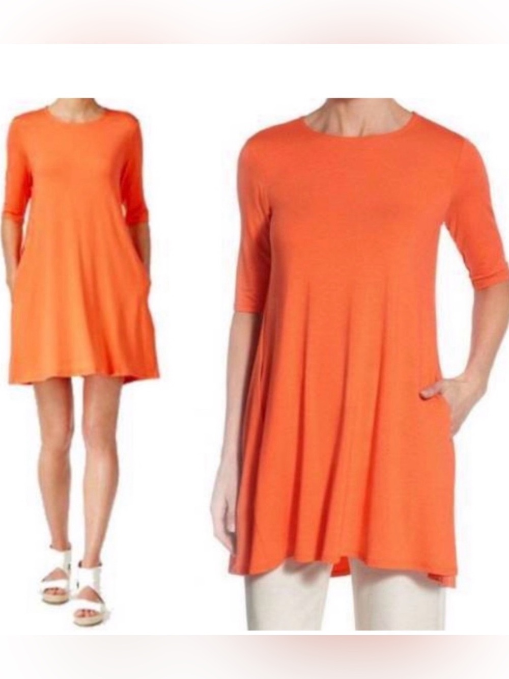 Eileen Fisher Guava Orange Scoop Neck Tunic Dress - XS